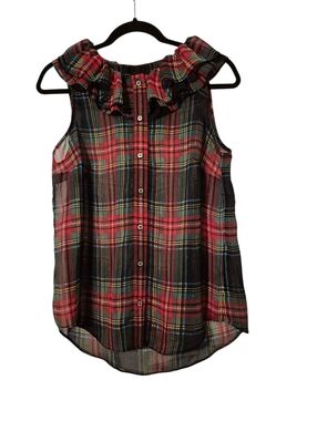  J.Crew NWT Sleeveless Ruffle-Collar Top in Black Stewart Tartan XS